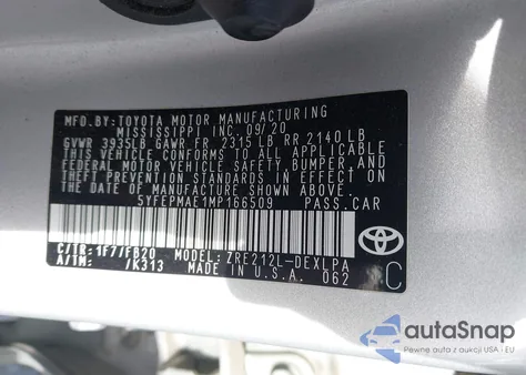 2021 Toyota Corolla Le z USA, uszkodzony, nr VIN 5YFEPMAE1MP166509